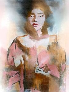 Figuratives Porträt einer Frau in Gold und Pastell