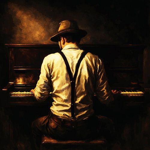Vintage kleding Man aan piano van achteren Impasto Gouden licht Wanddecoratie