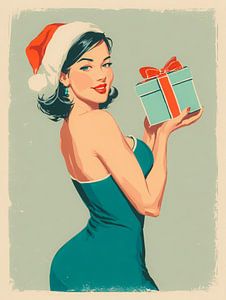 Pin-up-Weihnachtsillustration im Retro-Stil der 1950er Jahre mit Geschenk und Weihnachtsmannmütze