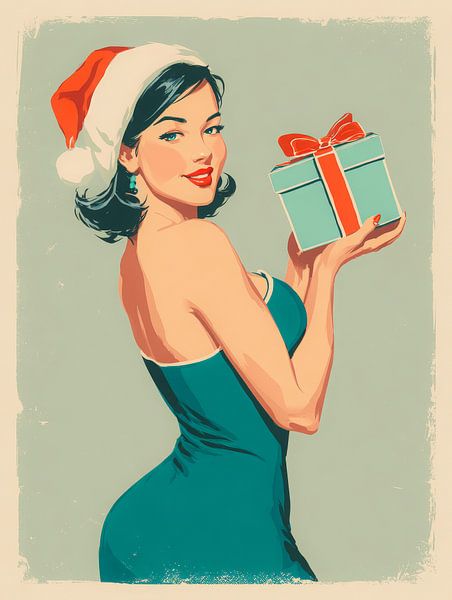 Pin-up-Weihnachtsillustration im Retro-Stil der 1950er Jahre mit Geschenk und Weihnachtsmannmütze von But First Framing