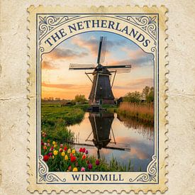 Vintage stamp featuring a Dutch windmill by But First Framing