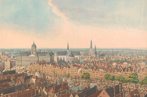 Panorama van Amsterdam, met het Paleis op de Dam en de Nieuwe Kerk, anoniem