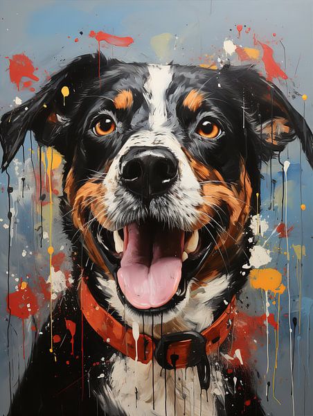 Banksy Stil Hund Porträt mit rotem Halsband von Bianca Bakkenist