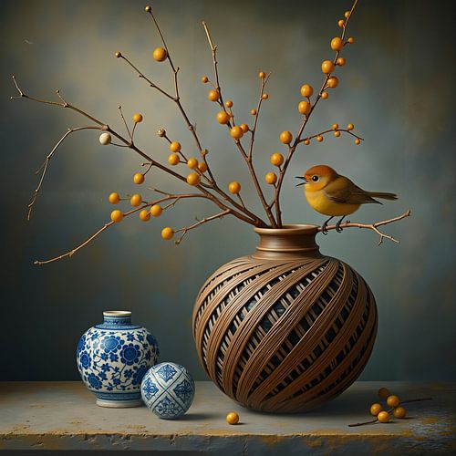 Équilibre doré - oiseau dans un vase avec des baies orange