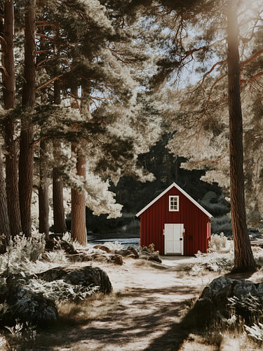 Cabane rouge dans une forêt ensoleillée – Art nature suédois