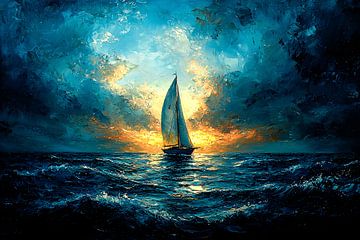 Zeilboot op zee bij zonsondergang van Art & Soul Creations