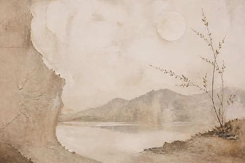 Wabi-Sabi Seelandschaft hinter Putzstruktur – Japandi Wandbild