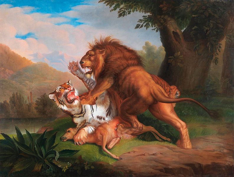 Tijger en leeuw vechten om een Fawn, Johann Wenzel Peter... van Meesterlijcke Meesters