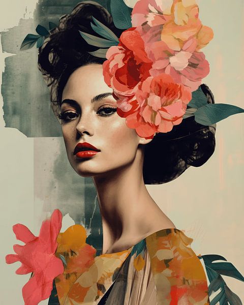 Portrait avec des fleurs en style collage par Carla Van Iersel