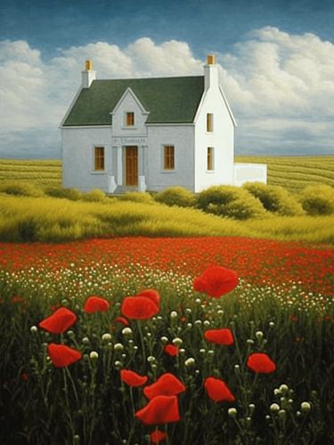 Fantasielandschap huis papavervelden droomwereld lucht