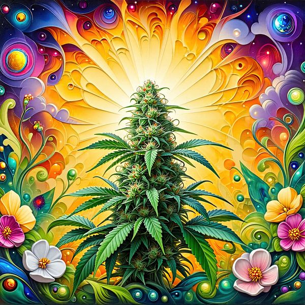 Cannabis in the light of the flower - A colourful homage to the cannabis plant as a symbol of natural sublimity, vitality and transformation (3 of 3) by AidasignArt