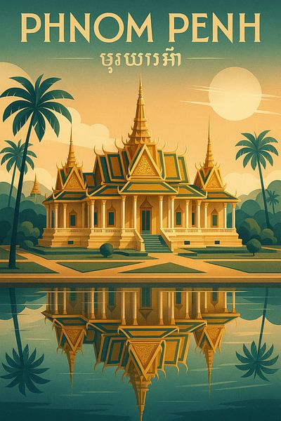 Retro Kambodscha Dschungel Druck - Antike Ruinen &amp; Banyan Tree Roots von Travel Shop