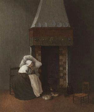 Interieur met een zieke vrouw bij een haardvuur, Jacobus Vrel