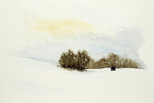 Winterzonnetje in skigebied (aquarel schilderij landschap winter skiën sneeuw Zwitserland Oostenrijk