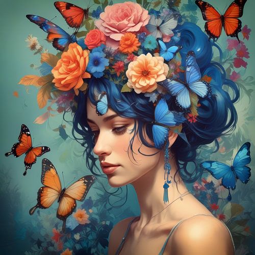 Portret van een vrouw met vlinders en bloemenkrans