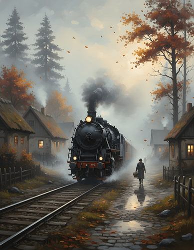 De schaduw van de trein in het mistige dorp