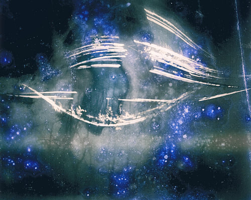 A dreamy solargraph featuring a sparkling blue starry sky and graceful white trails of light