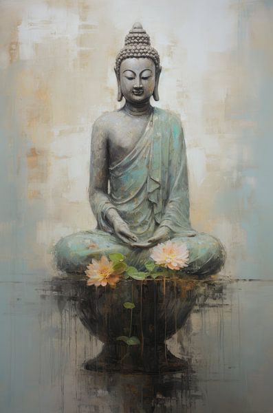 Serene Reflectie: Boeddha en de Bloesems van Emil Husstege