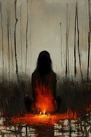 Mysterieus silhouet bij kampvuur in bos van Art & Soul Creations