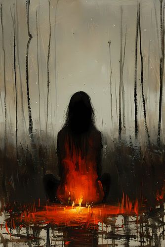 Mysterieus silhouet bij kampvuur in bos