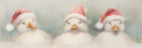 Three Ducks wearing Christmas hats