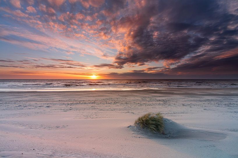 Texel strand paal 15 klein plukje helmgras met prachtige zonsondergang van Texel360Fotografie Richard Heerschap