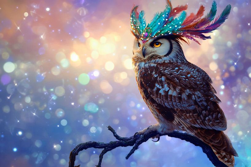 Colourful owl with feather decoration by Poster Art Shop