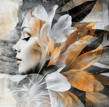 Portrait abstrait dame avec fleur – orange et blanc