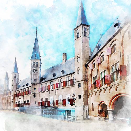 Aquarelschilderij Abdij van Middelburg, Zeeland