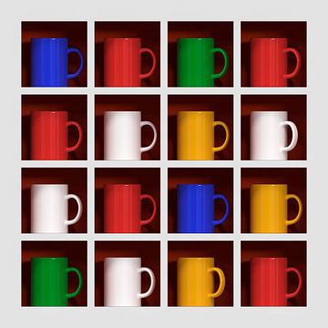 Sixteen coloured cups on one shelf