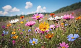 Een bloemenveld met een blauwe lucht op de achtergrond van 1xMerch