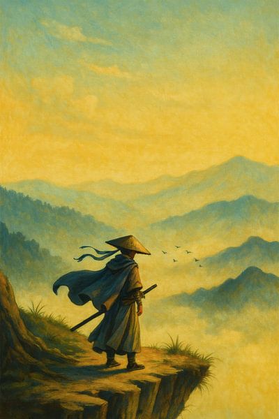 Lone Ronin Overlooking Misty Mountains at Sunrise by Rudi Pratama