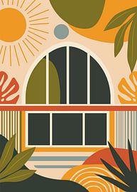 Vektorillustration im Boho-Stil mit einem Bogenfenster, tropischen Blättern und einer großen Sonne in warmen, erdigen Farben.