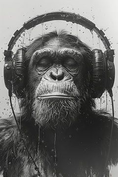 Portrait en noir et blanc d'un singe avec des écouteurs sur Felix Brönnimann