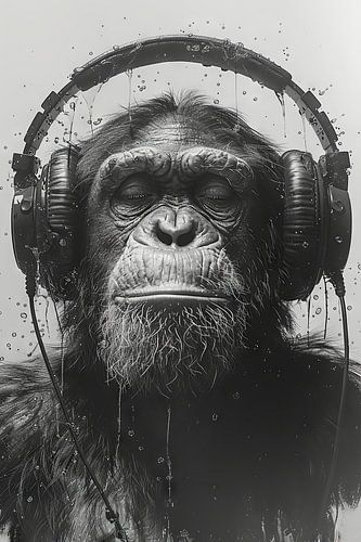 Black and white portrait of a monkey with headphones