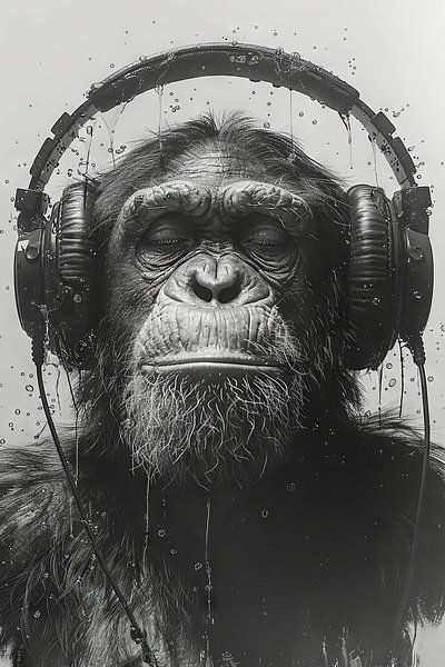 Portrait en noir et blanc d'un singe avec des écouteurs par Poster Art Shop