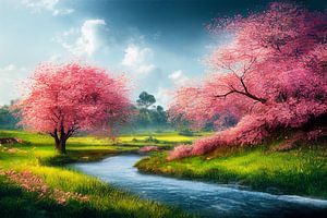 Park mit Fluss und Blühenden Bäumen im Frühling Illustration 02