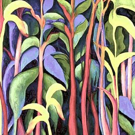 Pastel jungle plants in lilac purple and shades of green and yellow by Anna Marie de Klerk