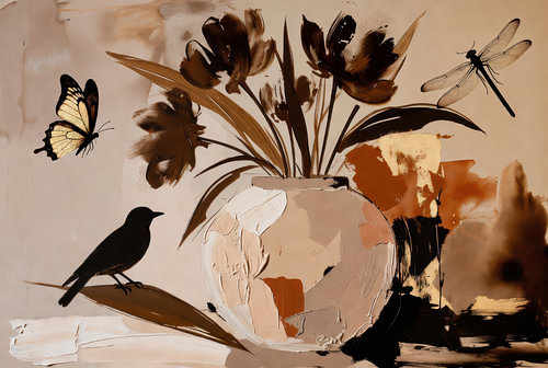 Vlinders en bloemen in warme aardetinten