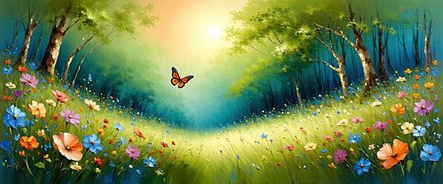 Soir d'été sur la prairie en fleurs - Un papillon danse dans la lumière dorée du coucher de soleil