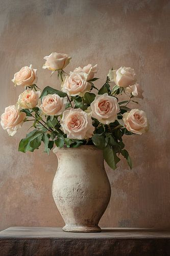 Roses dans un vase en pierre rustique