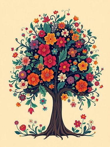 Levendige levensboom bloemsierkunst print, grillige volkskunst wanddecoratie