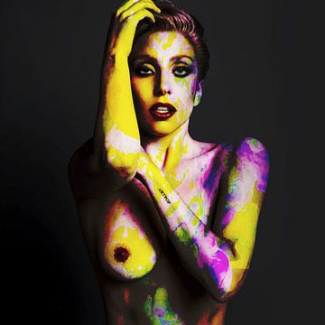 Lady Gaga Naakt Bodypaint ARTPOP Digital Art in Geel, Groen, Roze van Art By Dominic