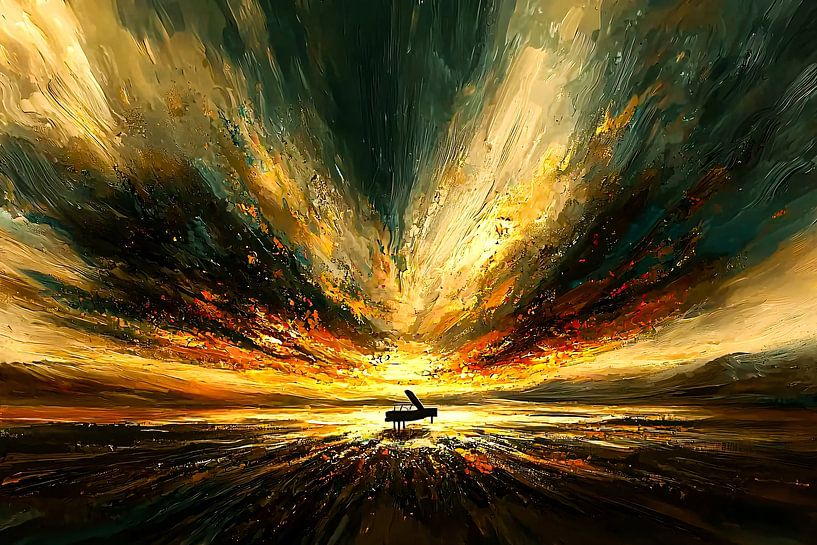 Piano dans un coucher de soleil ardent par Imperial Art House