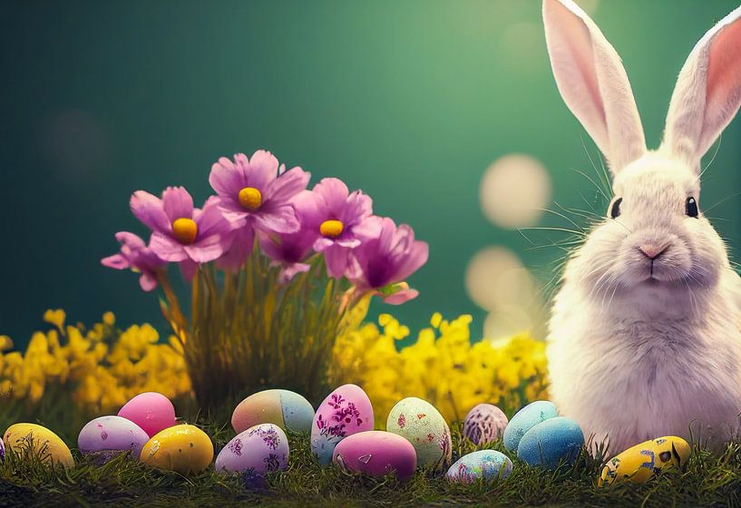 Süßer Osterhase mit Ostereiern im Frühling Illustration 01 von Animaflora PicsStock