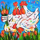 Vrolijke Kippen met Tulpen van Vrolijk Schilderij thumbnail