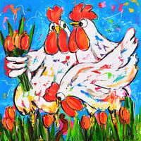 Vrolijke Kippen met Tulpen