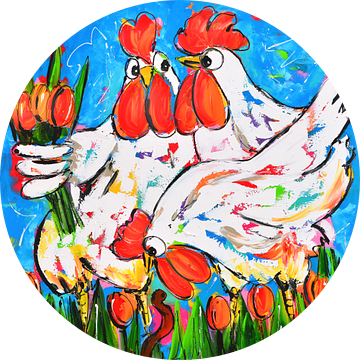 Vrolijke Kippen met Tulpen van Vrolijk Schilderij