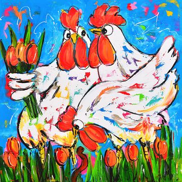 Poules Joyeuses avec des Tulipes sur Vrolijk Schilderij