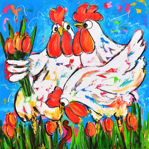 Kippen met tulpen Vrolijk Schilderij op canvas, behang meer
